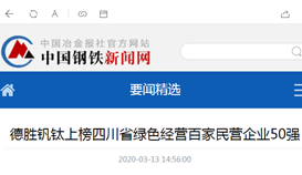 太阳成集团tyc151cc钒钛上榜四川省绿色经营百家民营企业50强