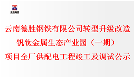 云南太阳成集团tyc151cc钢铁有限公司转型升级刷新钒钛金属生态产业园（一期）项目全厂供配电工程竣工及调试公示